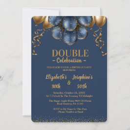 Invitación Balones azul marino y oro de doble cumpleaños