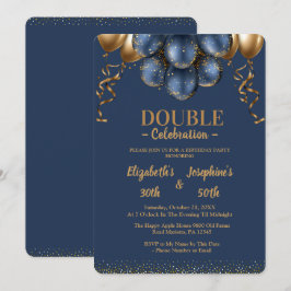 Invitación Balones azul marino y oro de doble cumpleaños