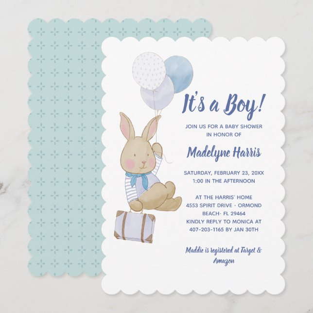 Invitación Balones azules de conejo lindo es un niño Baby Sho (Anverso / Reverso)