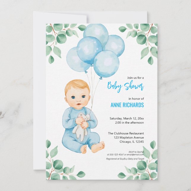Invitación Balones azules de eucalipto moderno chico lindo (Anverso)