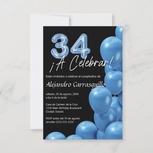 Invitación Balones azules españoles de presupuesto 34 cumplea (Anverso)