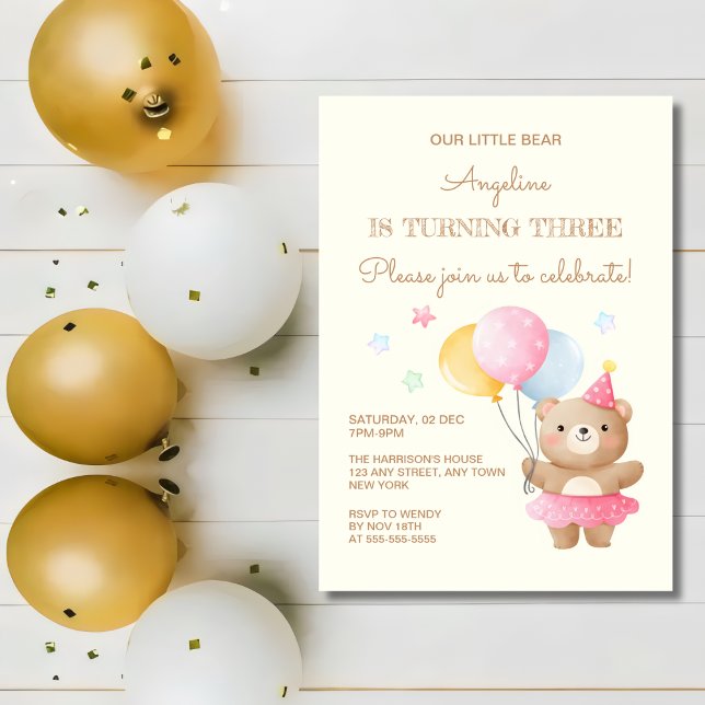 Invitación Balones coloridos Chica de oso lindo tercer cumple (Subido por el creador)
