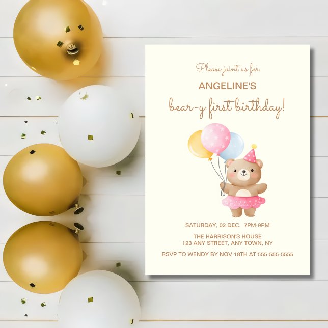 Invitación Balones coloridos Cute Oso Chica Cumpleaños (Subido por el creador)