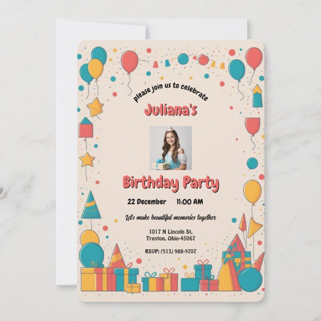 Invitación Balones coloridos y regalos Cumpleaños Personaliza (Anverso)