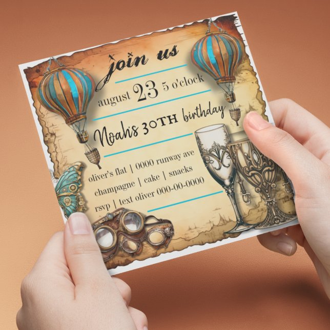 Invitación Balones de aire caliente celebración de gafas Stea (Vintage industrial steampunk customizable party invitation for celebrations and special occasions)