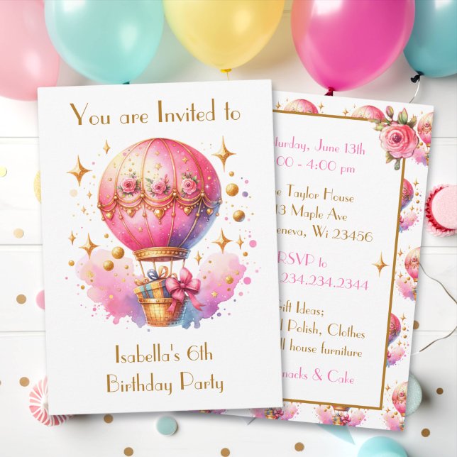 Invitación Balones de aire caliente rosa y dorado bonito Cump (Subido por el creador)