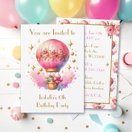 Invitación Balones de aire caliente rosa y dorado bonito Cump