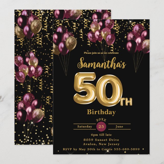 Invitación Balones de Borgoña y Oro Confetti 50 cumpleaños (Anverso / Reverso)