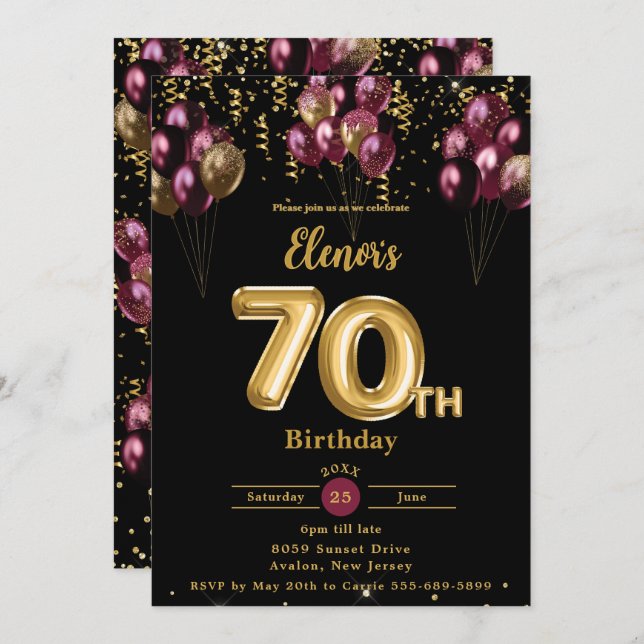 Invitación Balones de Borgoña y Oro Confetti 70 cumpleaños (Anverso / Reverso)