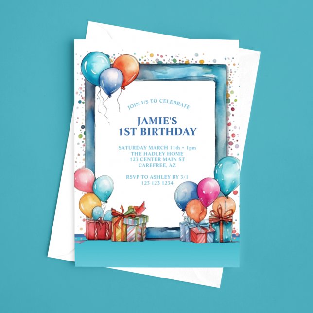 Invitación Balones de color de agua Niños primer cumpleaños (Subido por el creador)