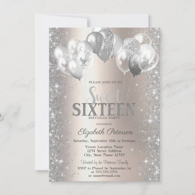 Invitación Balones de Confetti Plata Champagne Sweet 16 (Anverso)