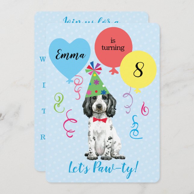 Invitación Balones de cumpleaños Cocker inglés Spaniel (Anverso / Reverso)