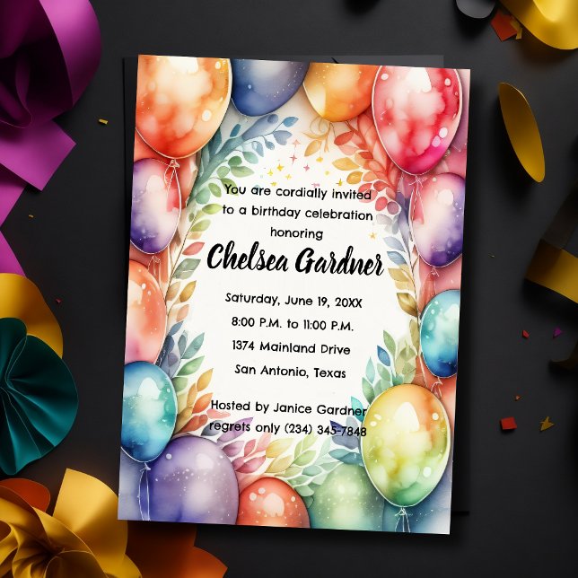 Invitación Balones de cumpleaños color acuarela (Subido por el creador)