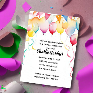 Invitación Balones de cumpleaños color acuarela