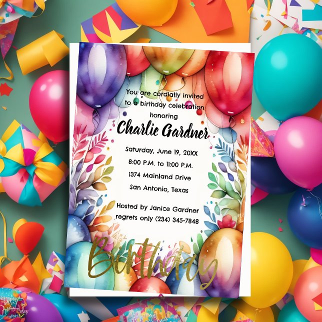 Invitación Balones de cumpleaños color acuarela (Subido por el creador)
