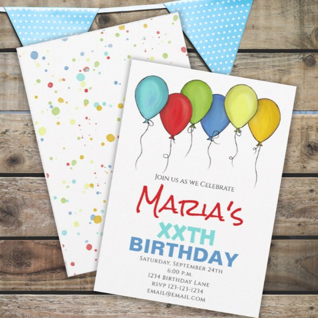 Invitación Balones de cumpleaños Confetti Fiesta moderno Dive (Subido por el creador)