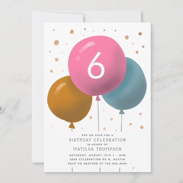 Invitación Balones de cumpleaños niños Fiesta Confetti de oro (Anverso)