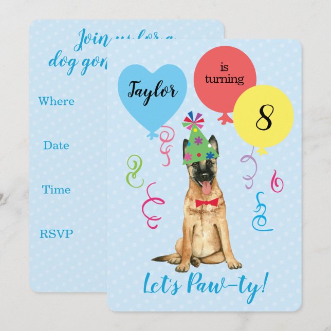 Invitación Balones de la Fiesta del Cumpleaños Malinois Belga (Anverso / Reverso)