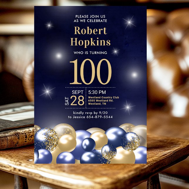 Invitación Balones de oro azul de la marina 100 cumpleaños (Subido por el creador)
