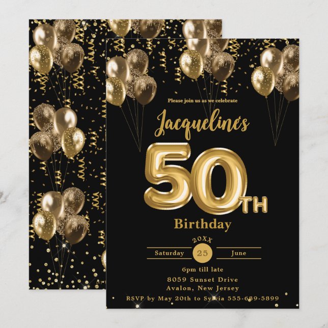 Invitación Balones de oro y negro Confetti 50 cumpleaños (Anverso / Reverso)