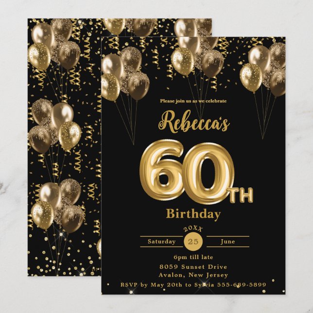 Invitación Balones de oro y negro Confetti 60 cumpleaños (Anverso / Reverso)