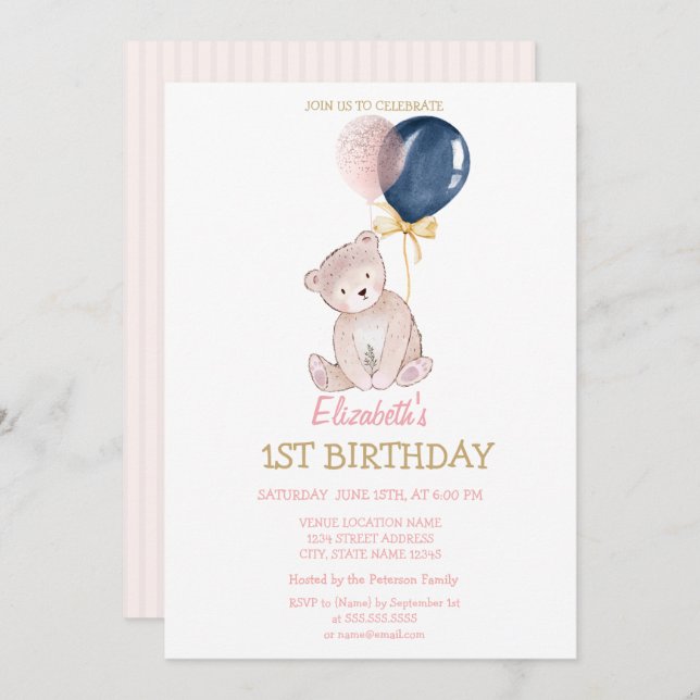 Invitación Balones de Oso de Teddy Cumpleaños a Rayas (Anverso / Reverso)