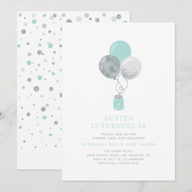 Invitación Balones de plata y menta Fiesta de cumpleaños 18 m (Anverso / Reverso)