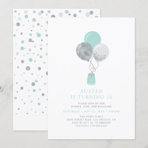 Invitación Balones de plata y menta Fiesta de cumpleaños 18 m