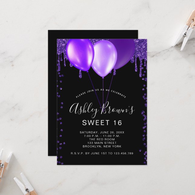 Invitación Balones de Purpurina dulce morado negro de 16 glam (Anverso/Reverso In Situ)