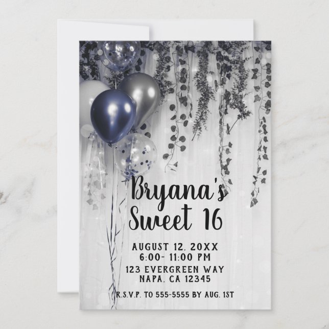Invitación Balones metálicos de plata azul Dulce blanco marfi (Anverso)