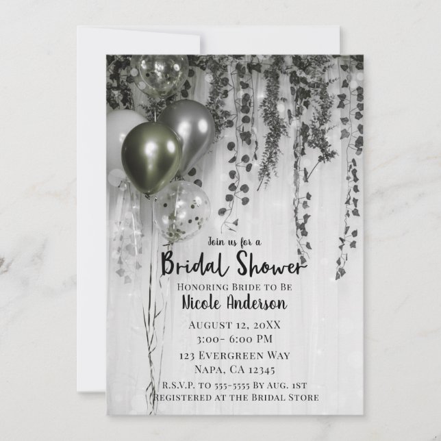 Invitación Balones metálicos de plata verde ducha marfil-novi (Anverso)