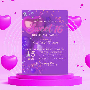Invitación Balones morados y rosados festivos Confetti Sweet 