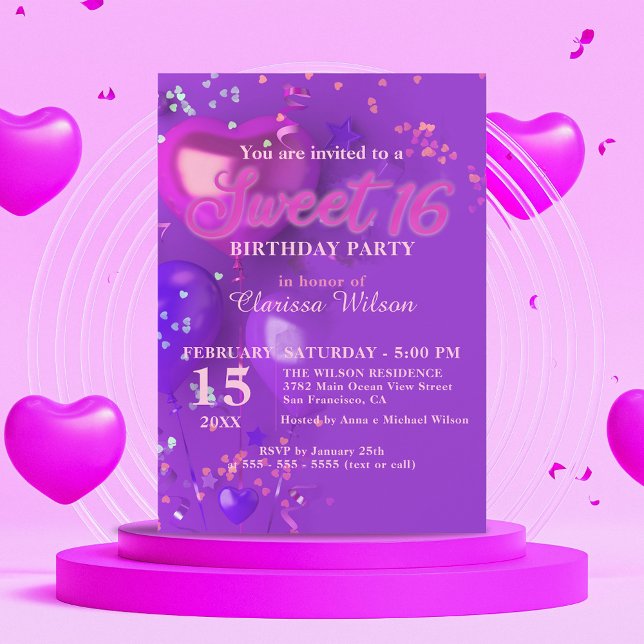 Invitación Balones morados y rosados festivos Confetti Sweet  (Subido por el creador)