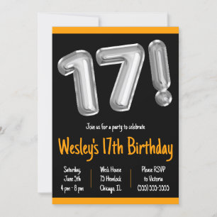 Invitación Balones negros y Relieves metalizados plateados 17