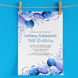 Invitación Balones Purpurina Azul Cumpleaños