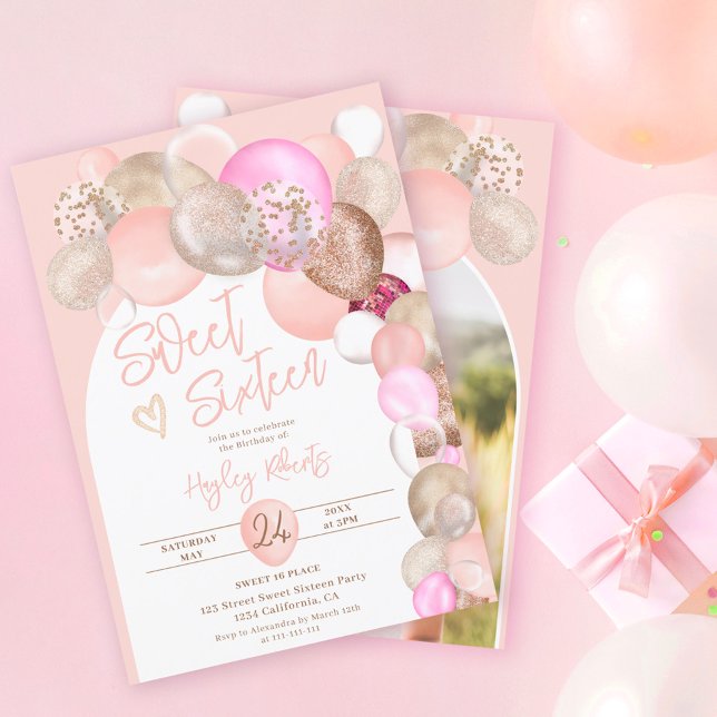 Invitación Balones purpurinas de Boho pastel arch dulce rosa  (Subido por el creador)