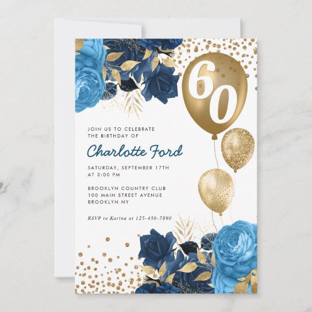 Invitación Balones Purpurinas de oro floral azul de la marina (Anverso)