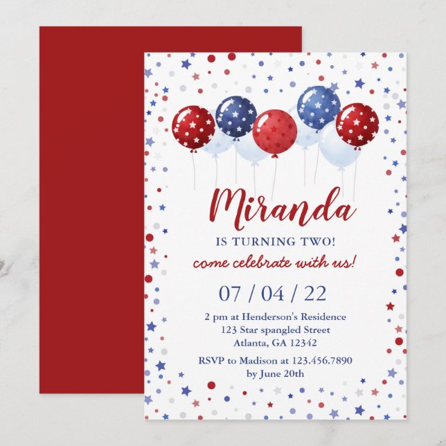 Invitación Balones Rojos y Azules Patrióticos 4 de julio Cump (Anverso / Reverso)