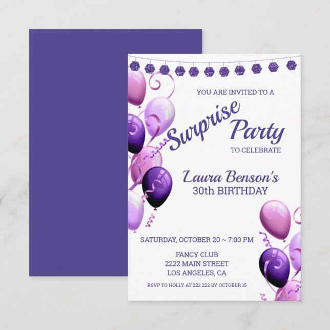 Invitación Balones Rosa Y Púrpura Cumpleaños (Anverso / Reverso)