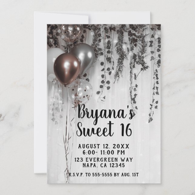 Invitación Balones rosados rosados plateados y Rosa Ivy Sweet (Anverso)