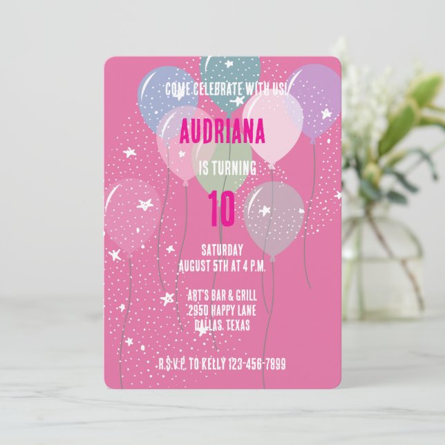 Invitación Balones rosas y estrellas Cumpleaños (Anverso de pie)