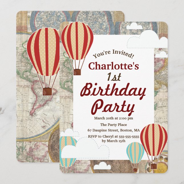 Invitación Balones y nubes de aire caliente Cumpleaños Mundia (Anverso / Reverso)