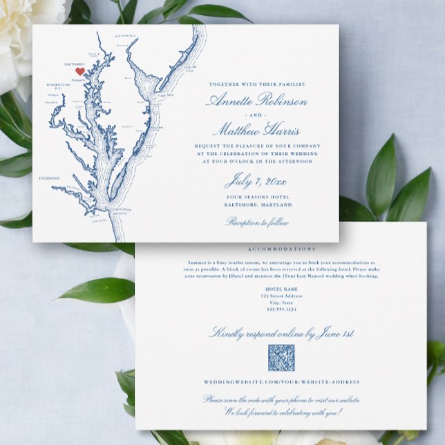 Invitación Baltimore Maryland código QR todo en uno Boda RSVP (Baltimore Maryland Elegant QR Code RSVP all-in-one wedding invitation with elegant navy blue map )