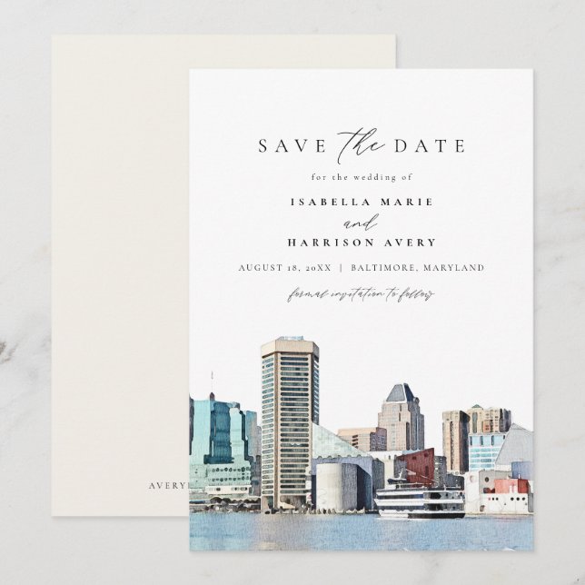 Invitación BALTIMORE Maryland Skyline Travel Save the Date (Anverso / Reverso)