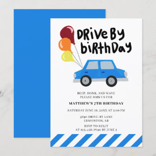 Invitación Baluartes de auto en auto Birthday Cute Blue Car S