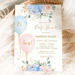 Invitación Baluartes florales rosados Pastel Azul Gemelos Bab