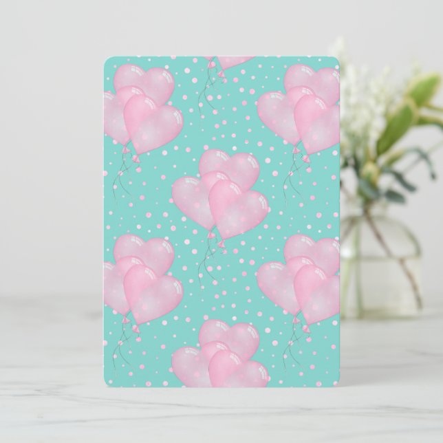 Invitación Baluón del corazón rosado (Anverso de pie)