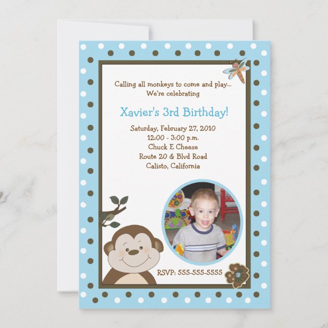 Invitación Bambino Monkey 5x7 FOTO azul Cumpleaños (Anverso)
