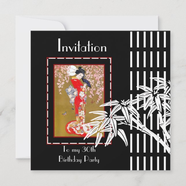 Invitación Bamboo Asiático Negro Blanco (Anverso)
