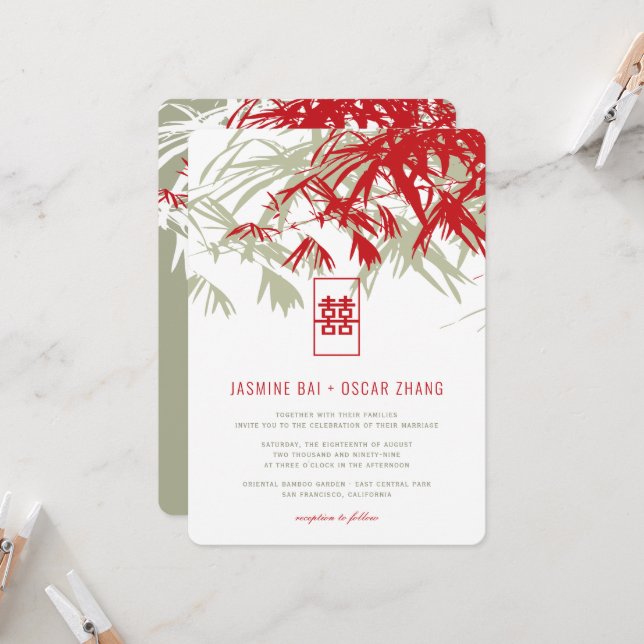 Invitación Bamboo rojo y mosca deja a doble Boda chino Xi (Anverso/Reverso In Situ)